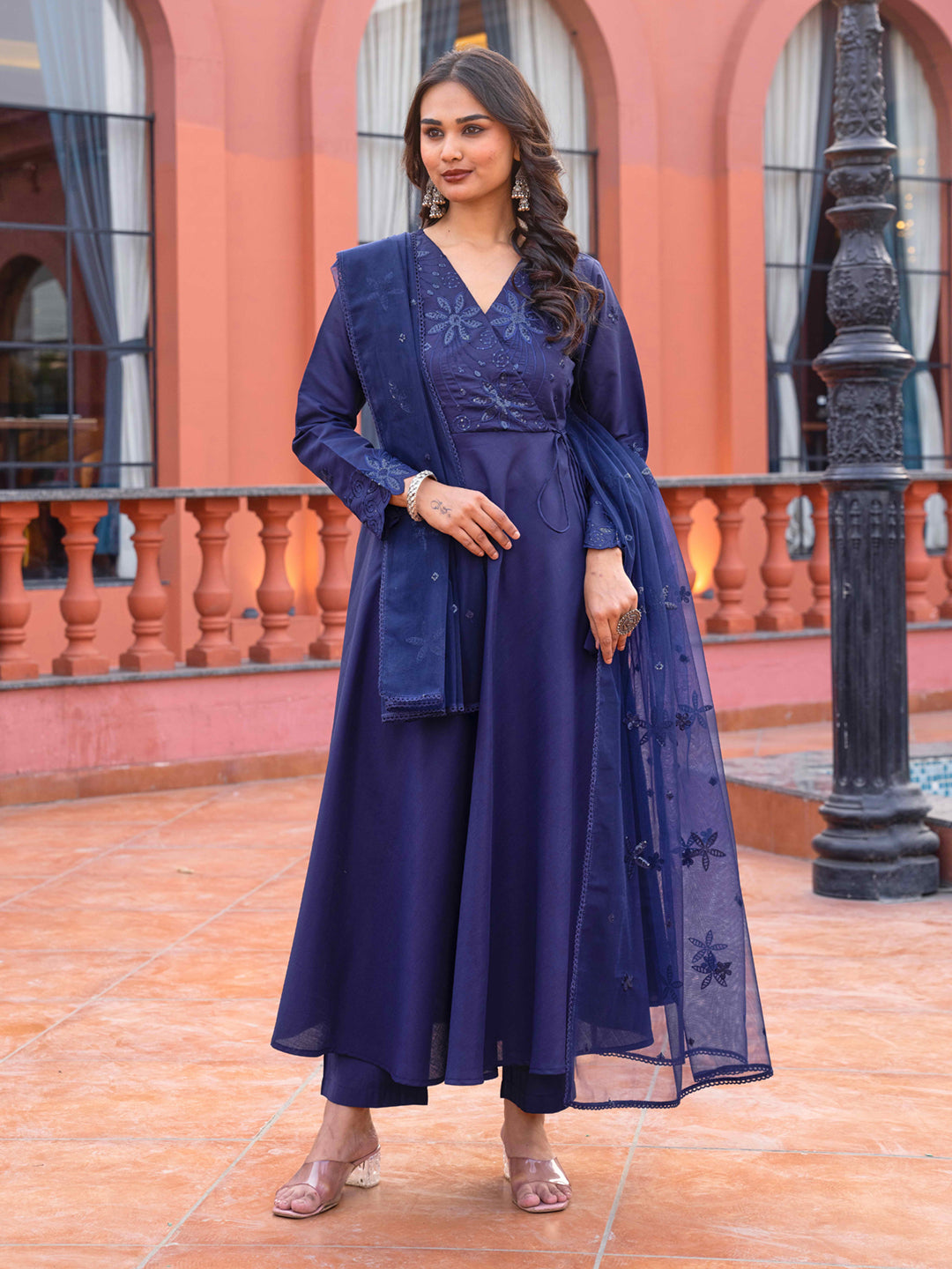 Navy blue color silk blend thread with sequinned angrakha style kurta & trouser with dupatta set