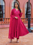 Pink color silk blend thread with sequinned angrakha style kurta & trouser with dupatta set