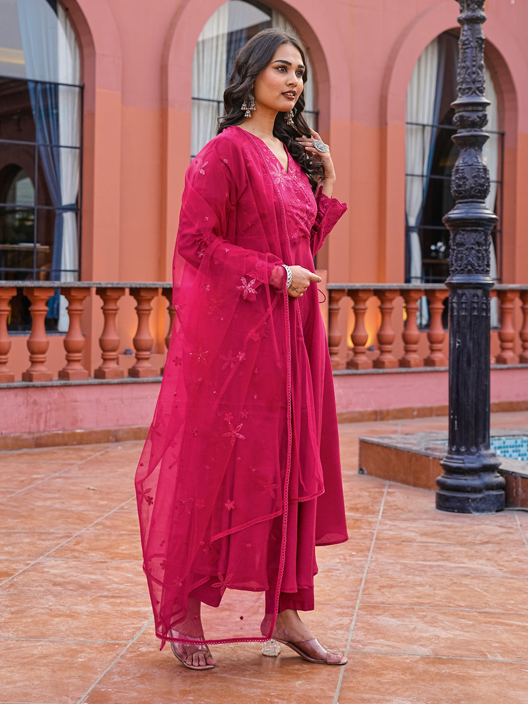 Pink color silk blend thread with sequinned angrakha style kurta & trouser with dupatta set