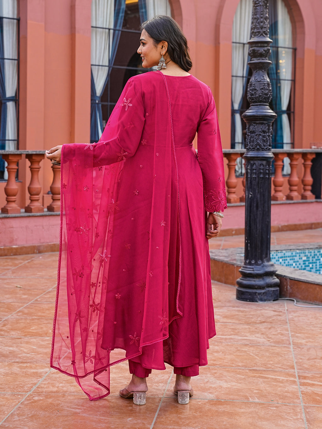 Pink color silk blend thread with sequinned angrakha style kurta & trouser with dupatta set