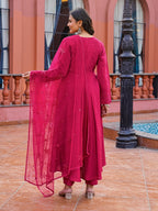 Pink color silk blend thread with sequinned angrakha style kurta & trouser with dupatta set