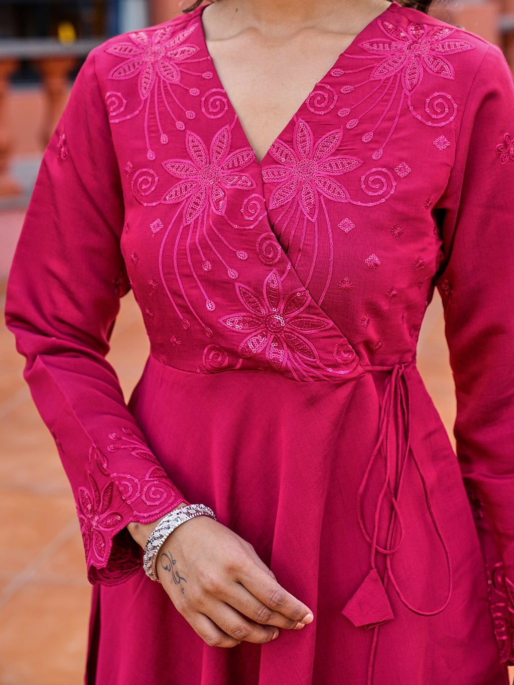Pink color silk blend thread with sequinned angrakha style kurta & trouser with dupatta set
