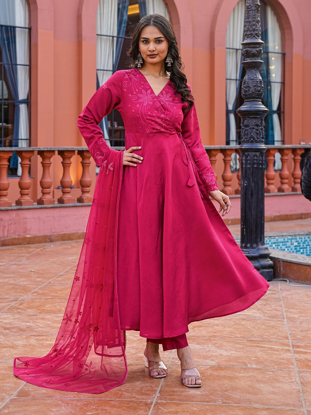 Pink color silk blend thread with sequinned angrakha style kurta & trouser with dupatta set