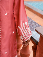 Peach color satin with thread work embroidered kurta & A-line plazzo with dupatta set