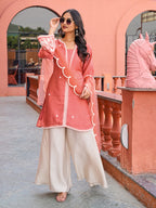 Peach color satin with thread work embroidered kurta & A-line plazzo with dupatta set