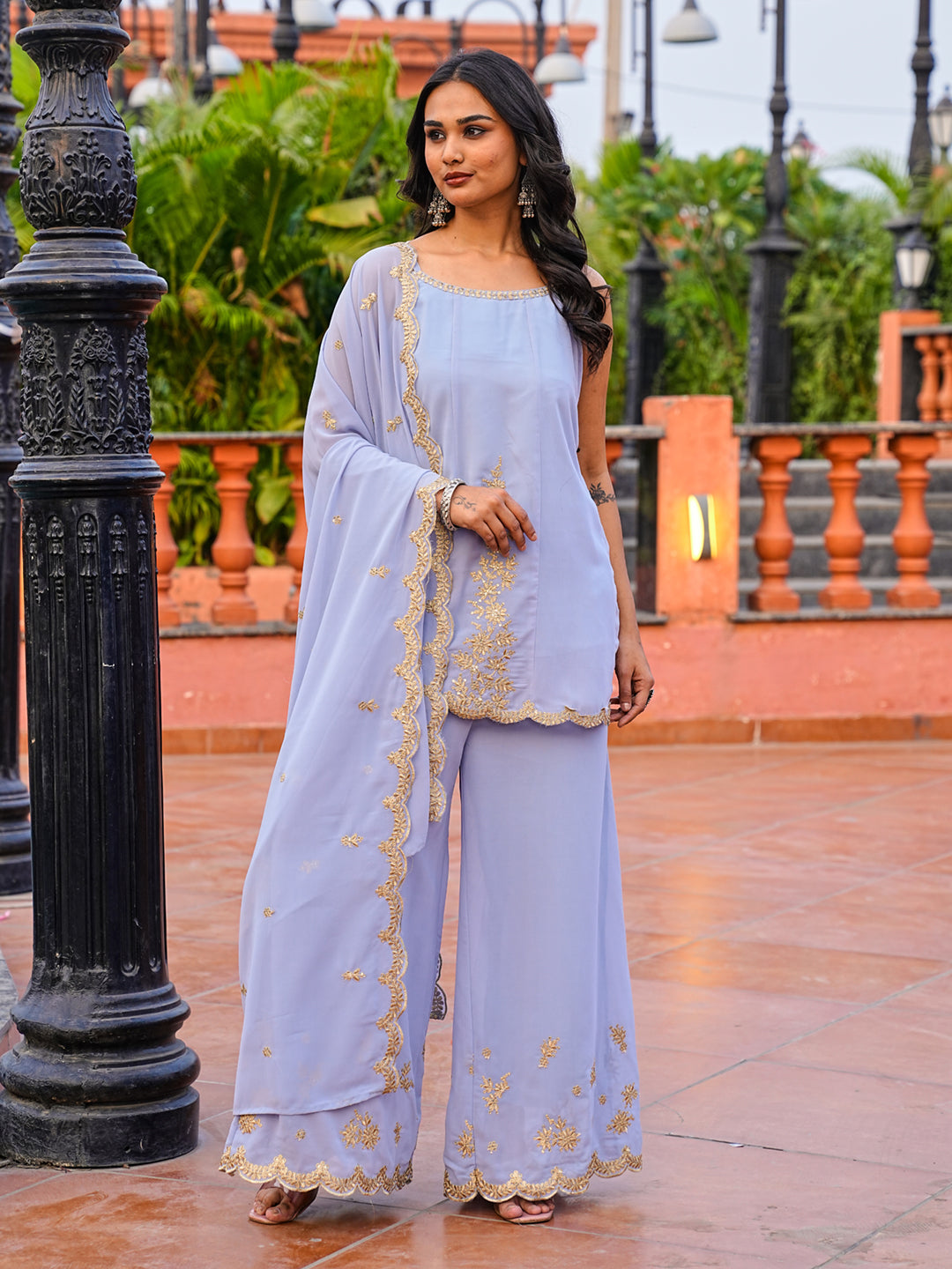 Skyblue color georgette with zari work embroidered tunic short kurta & plazzo with dupatta set