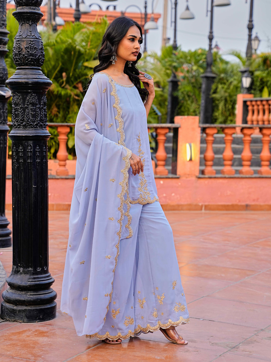 Skyblue color georgette with zari work embroidered tunic short kurta & plazzo with dupatta set