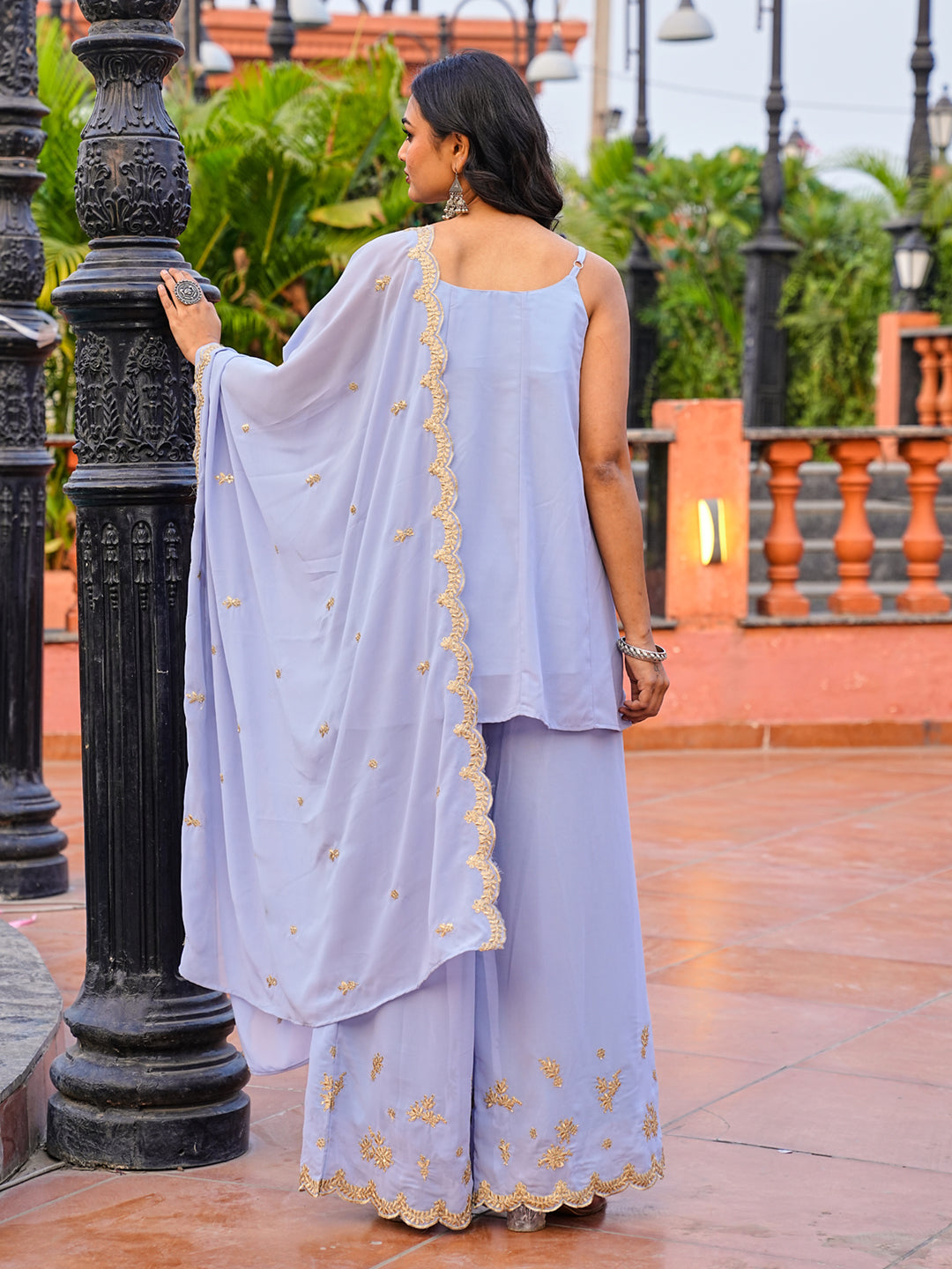 Skyblue color georgette with zari work embroidered tunic short kurta & plazzo with dupatta set