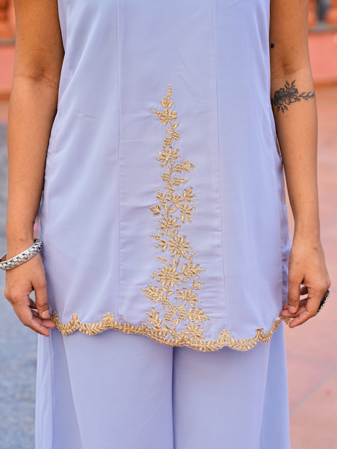 Skyblue color georgette with zari work embroidered tunic short kurta & plazzo with dupatta set