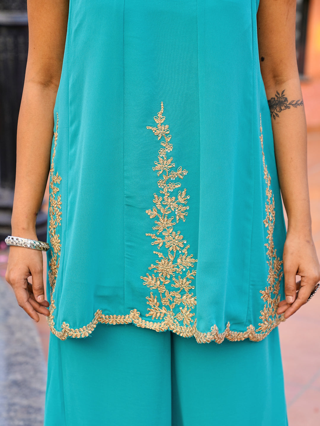 Seagreen color georgette with zari work embroidered tunic short kurta & plazzo with dupatta set