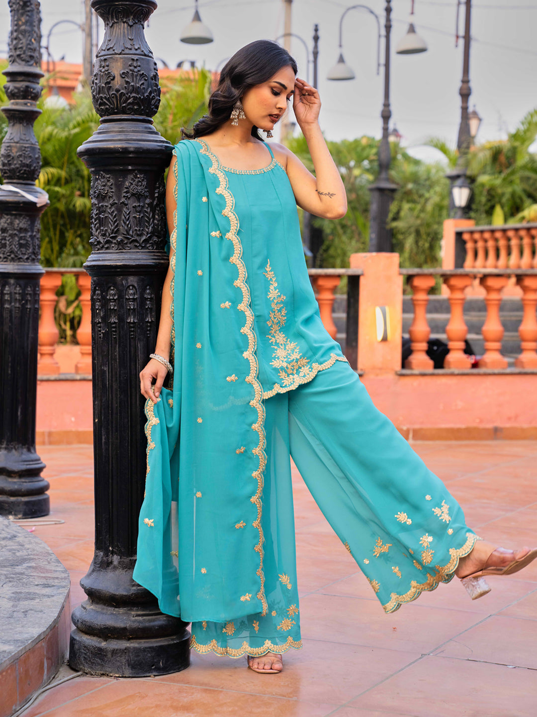 Seagreen color georgette with zari work embroidered tunic short kurta & plazzo with dupatta set