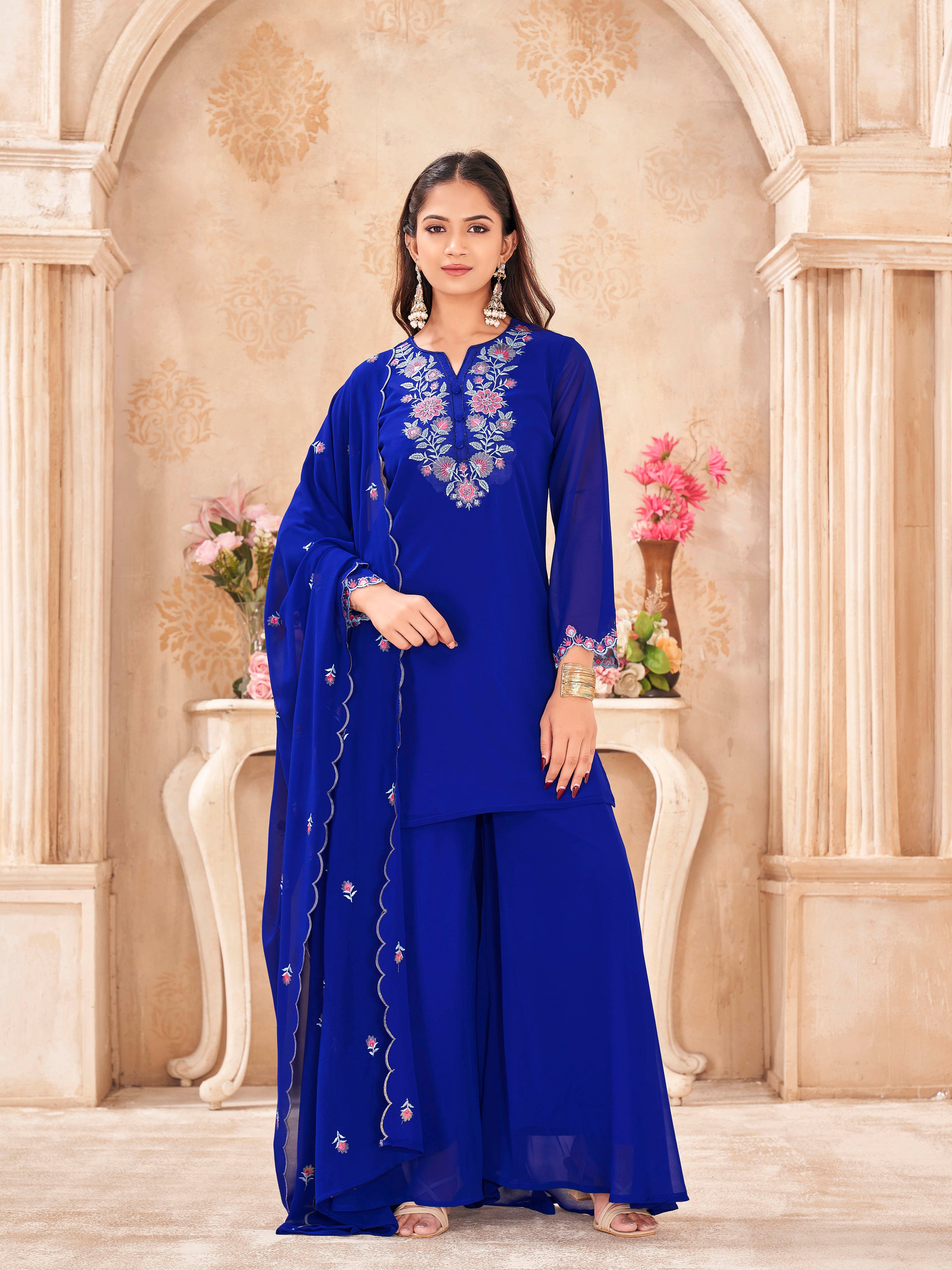 Royalblue color georgette with thread work embroidered kurta & umbrella plazzo with dupatta set