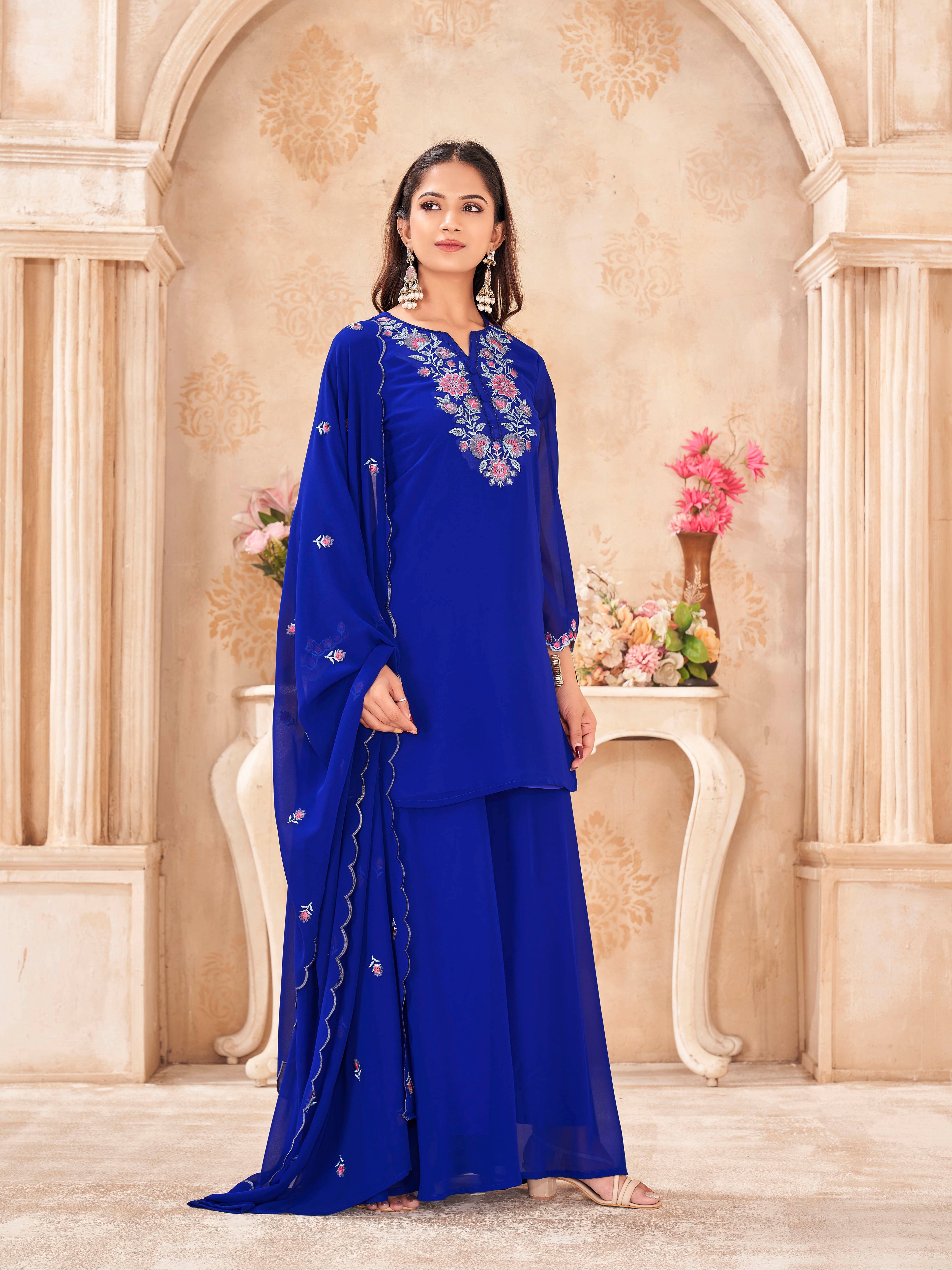 Royalblue color georgette with thread work embroidered kurta & umbrella plazzo with dupatta set