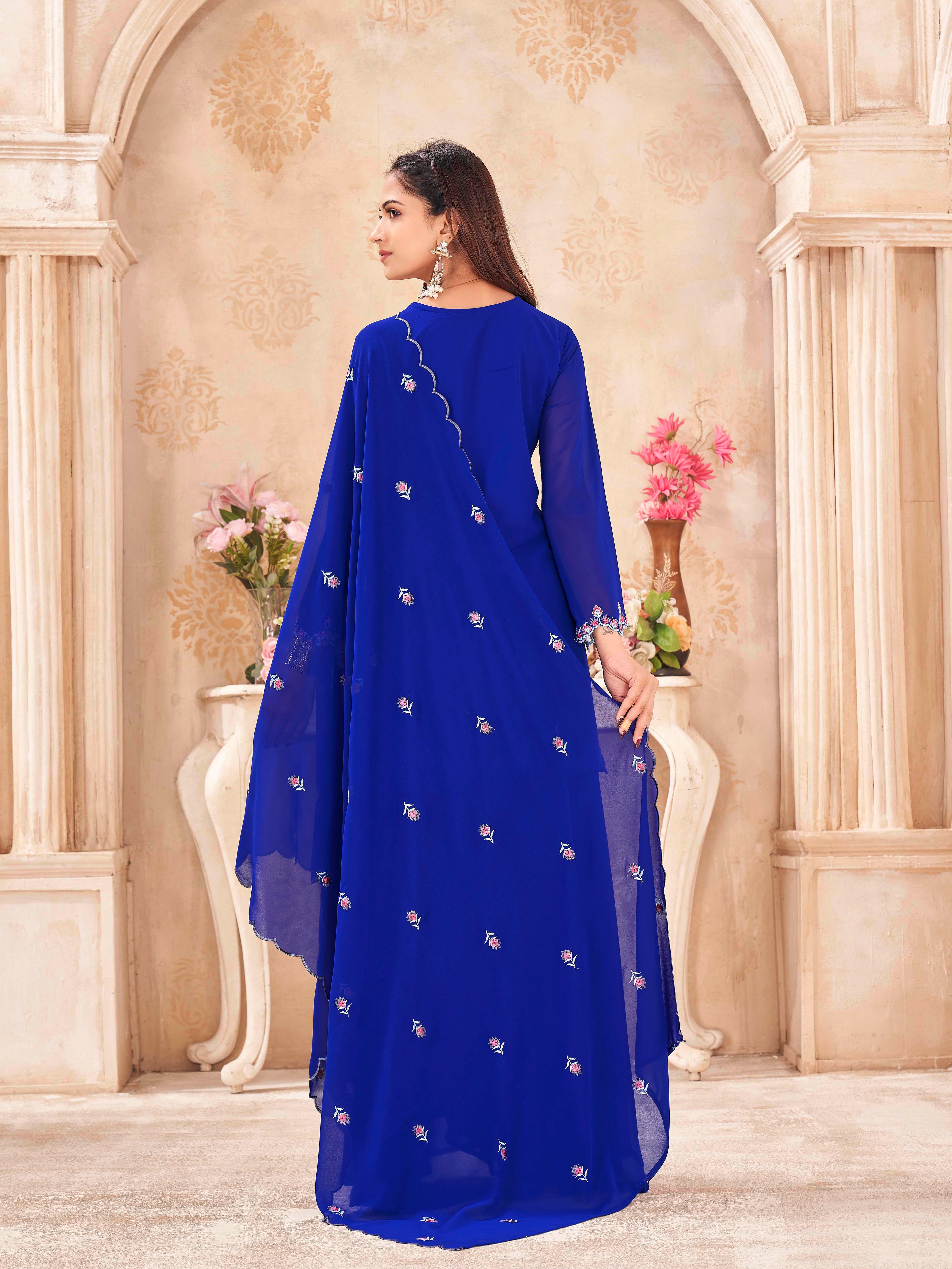 Royalblue color georgette with thread work embroidered kurta & umbrella plazzo with dupatta set