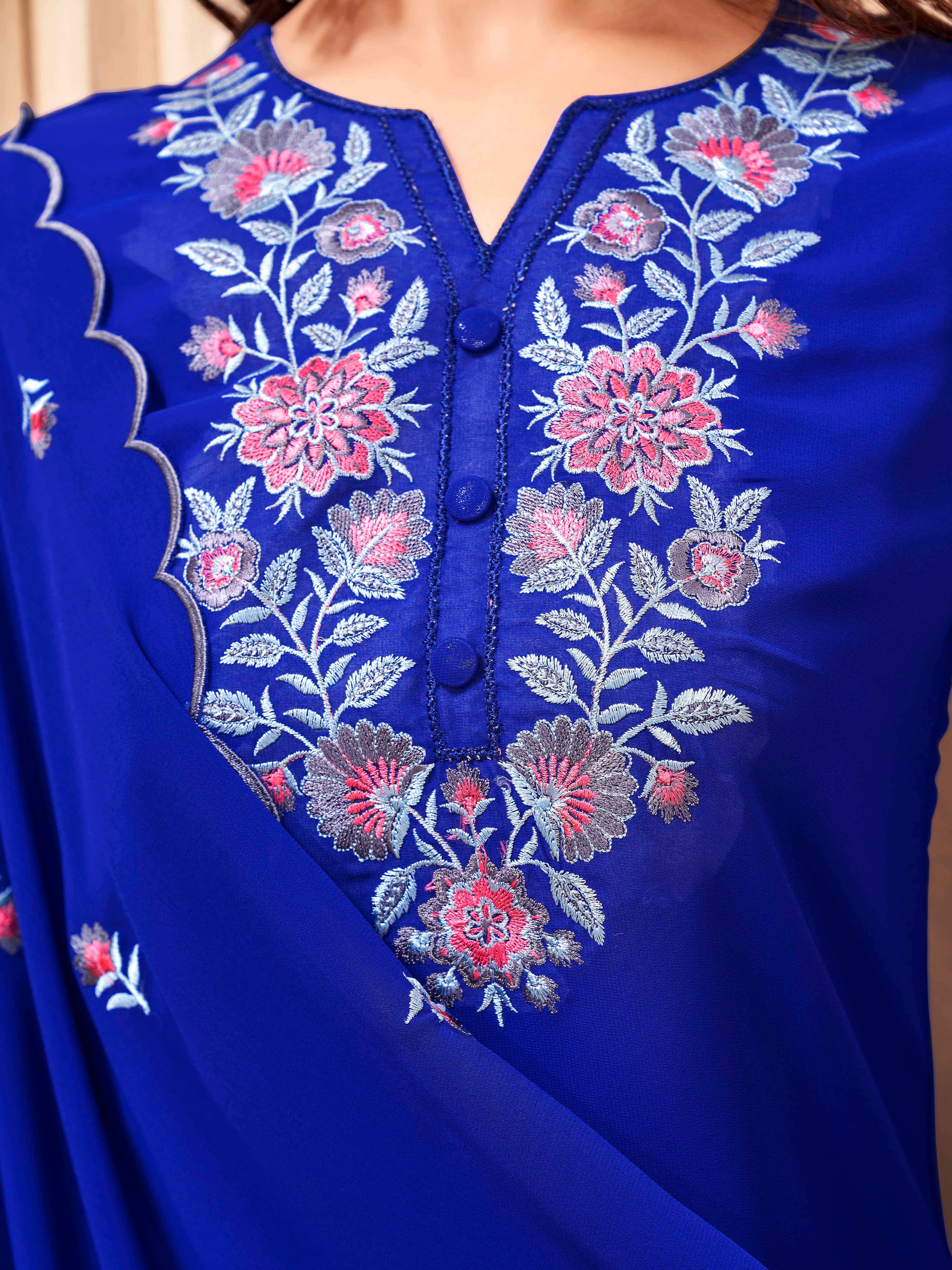 Royalblue color georgette with thread work embroidered kurta & umbrella plazzo with dupatta set