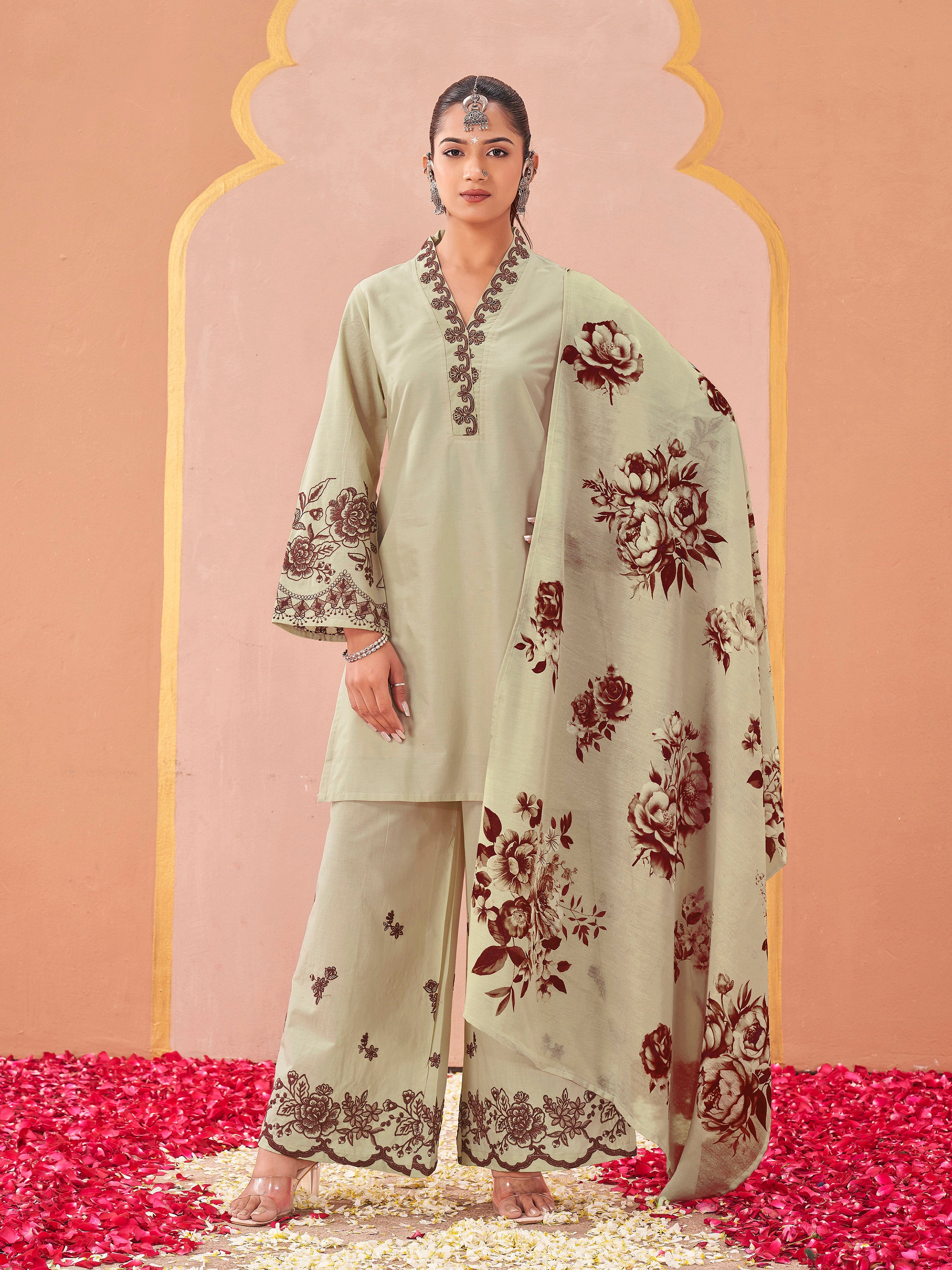 Pink color pure cotton with thread work embroidered kurta & plazzo with printed dupatta set