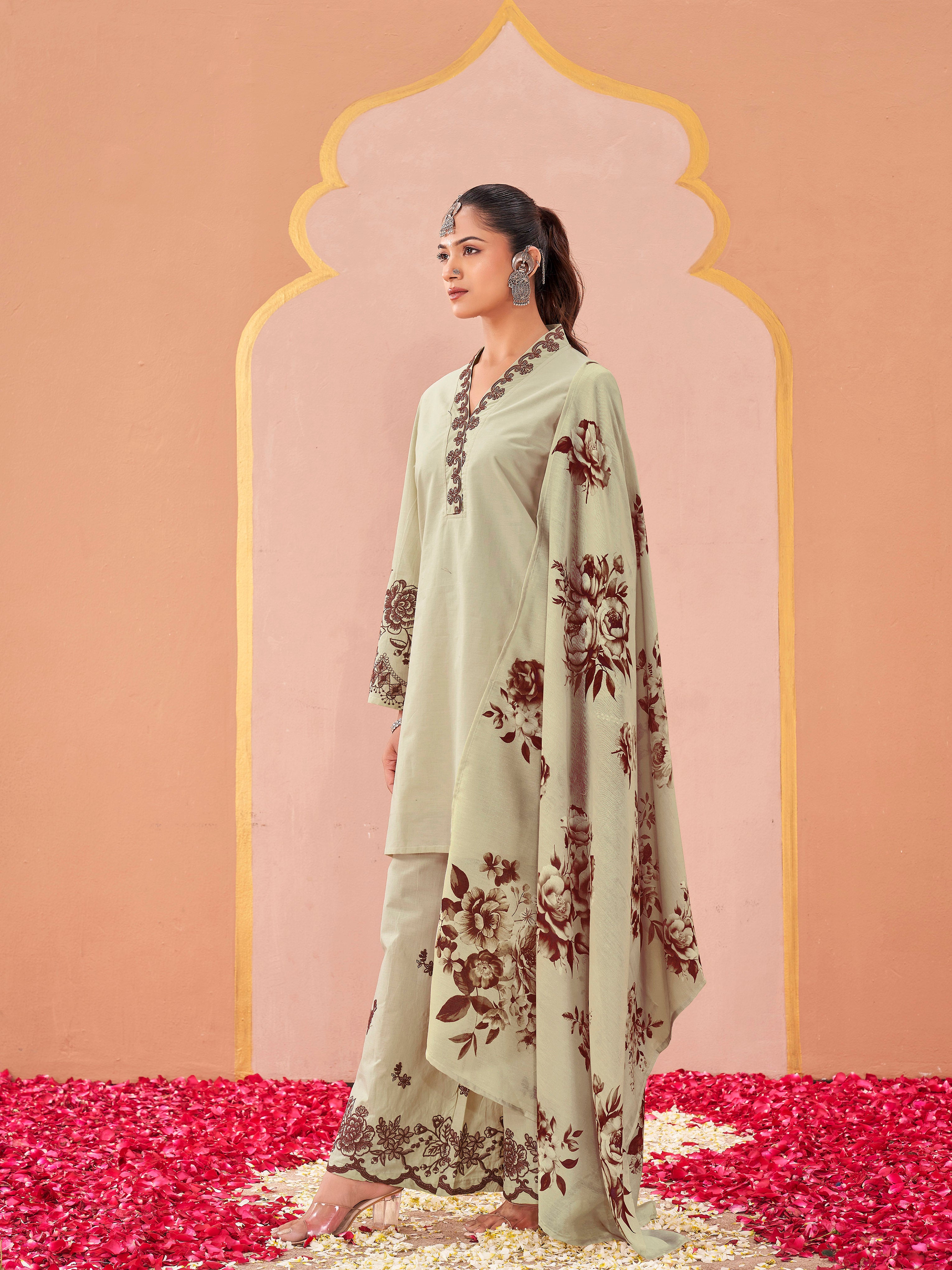 Pink color pure cotton with thread work embroidered kurta & plazzo with printed dupatta set