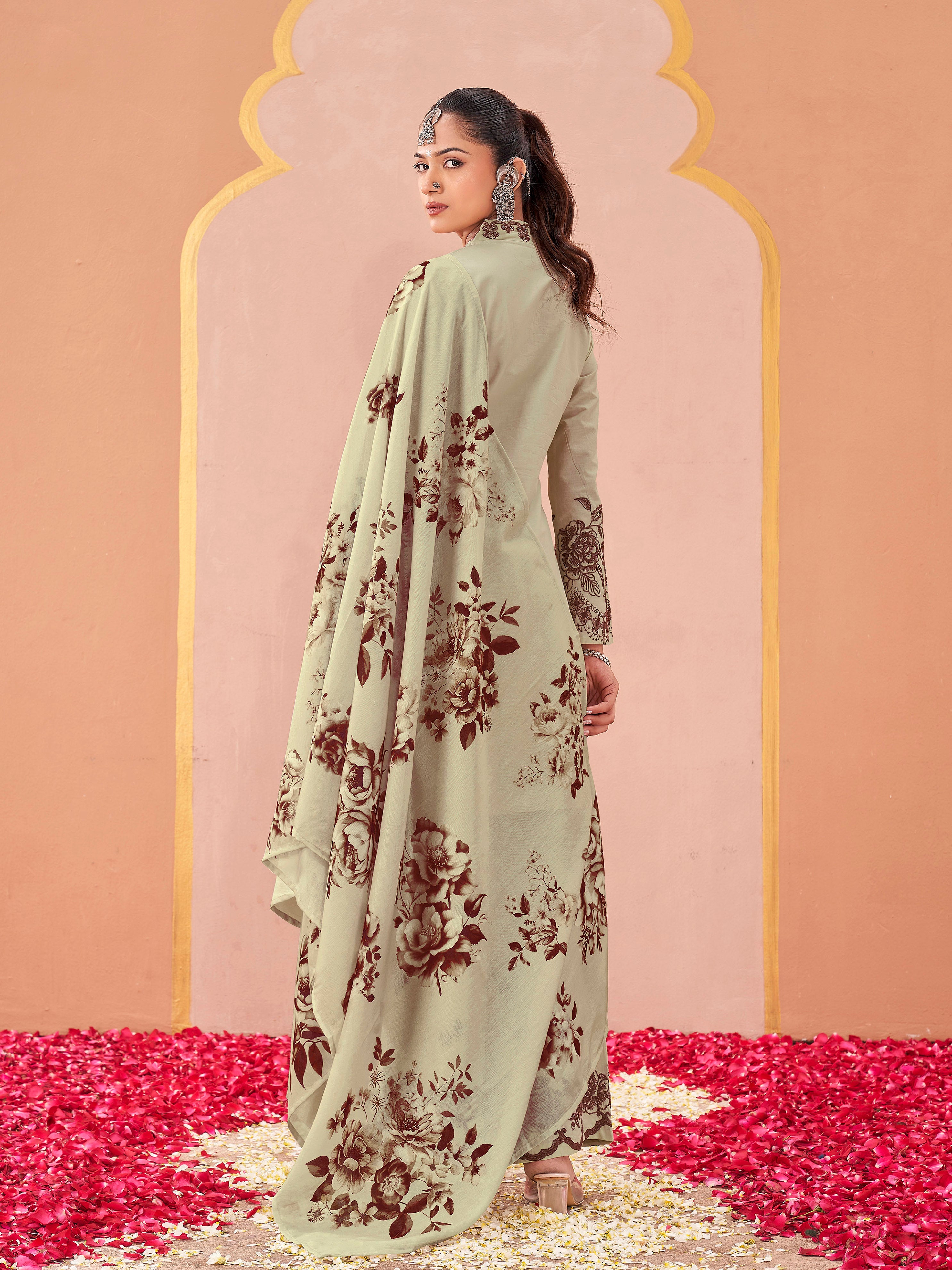 Pink color pure cotton with thread work embroidered kurta & plazzo with printed dupatta set
