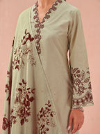 Pink color pure cotton with thread work embroidered kurta & plazzo with printed dupatta set