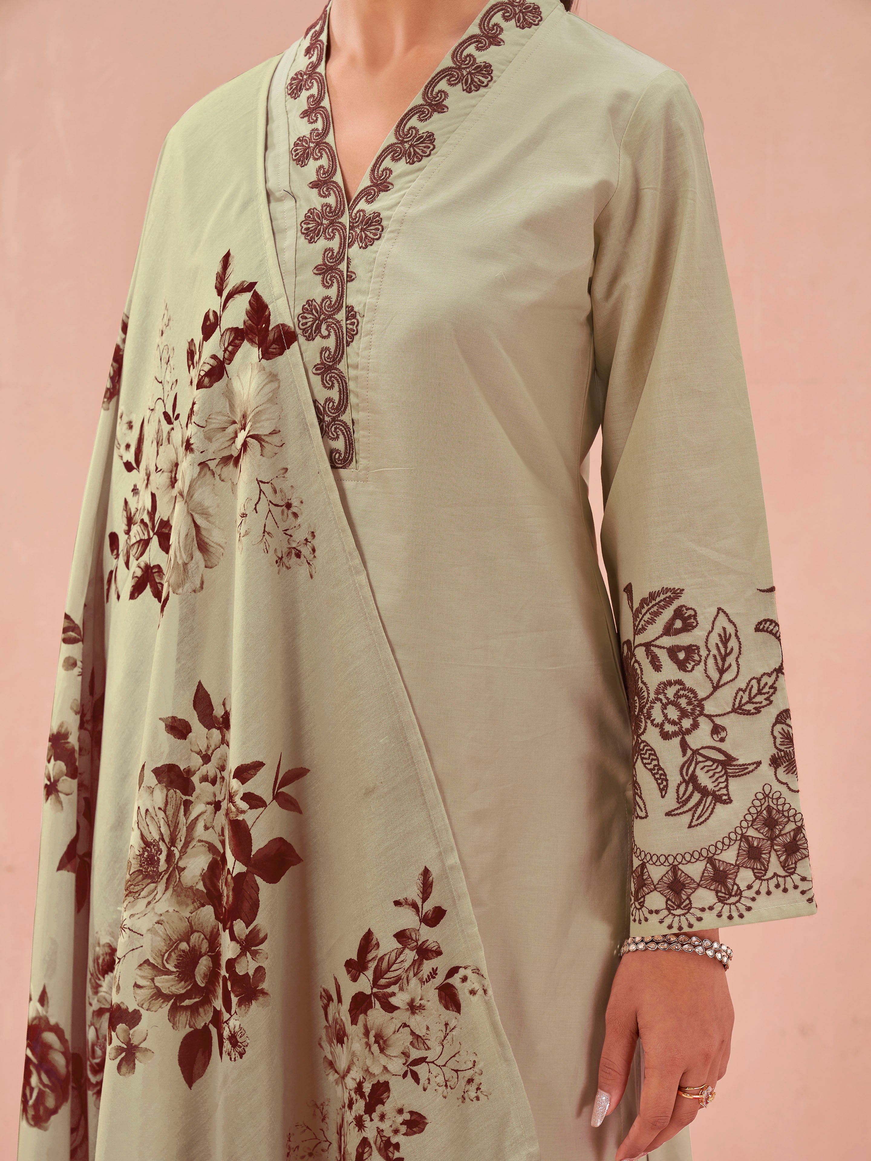 Pink color pure cotton with thread work embroidered kurta & plazzo with printed dupatta set