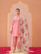 Beige color pure cotton with thread work embroidered kurta & plazzo with printed dupatta set