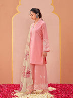 Beige color pure cotton with thread work embroidered kurta & plazzo with printed dupatta set