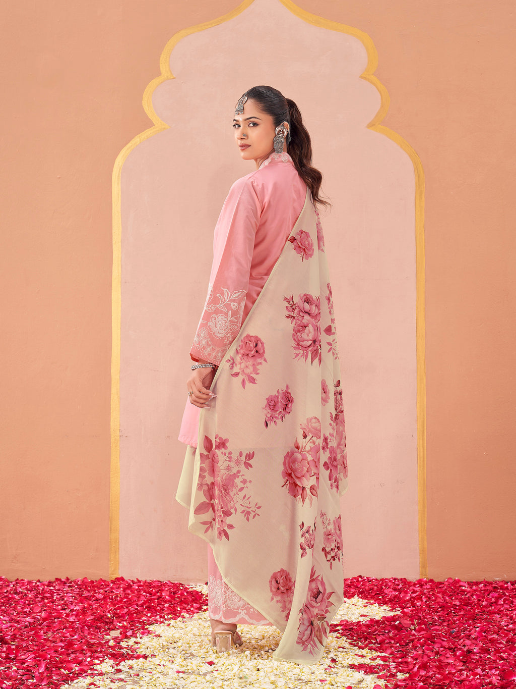 Beige color pure cotton with thread work embroidered kurta & plazzo with printed dupatta set