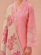 Beige color pure cotton with thread work embroidered kurta & plazzo with printed dupatta set