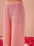 Beige color pure cotton with thread work embroidered kurta & plazzo with printed dupatta set