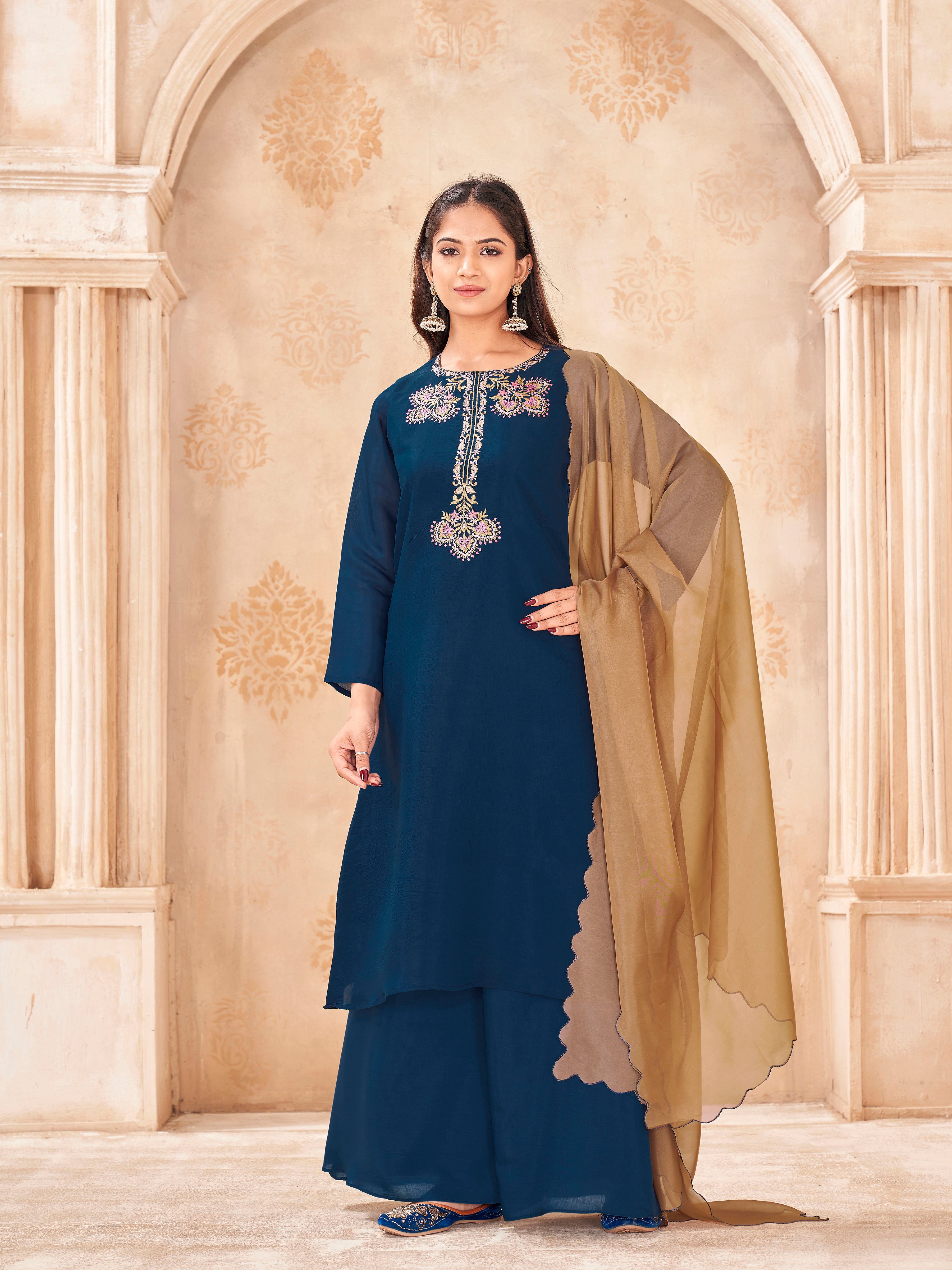 Teal color silk blend with colorful thread work embroidered kurta & A-line plazzo with dupatta set