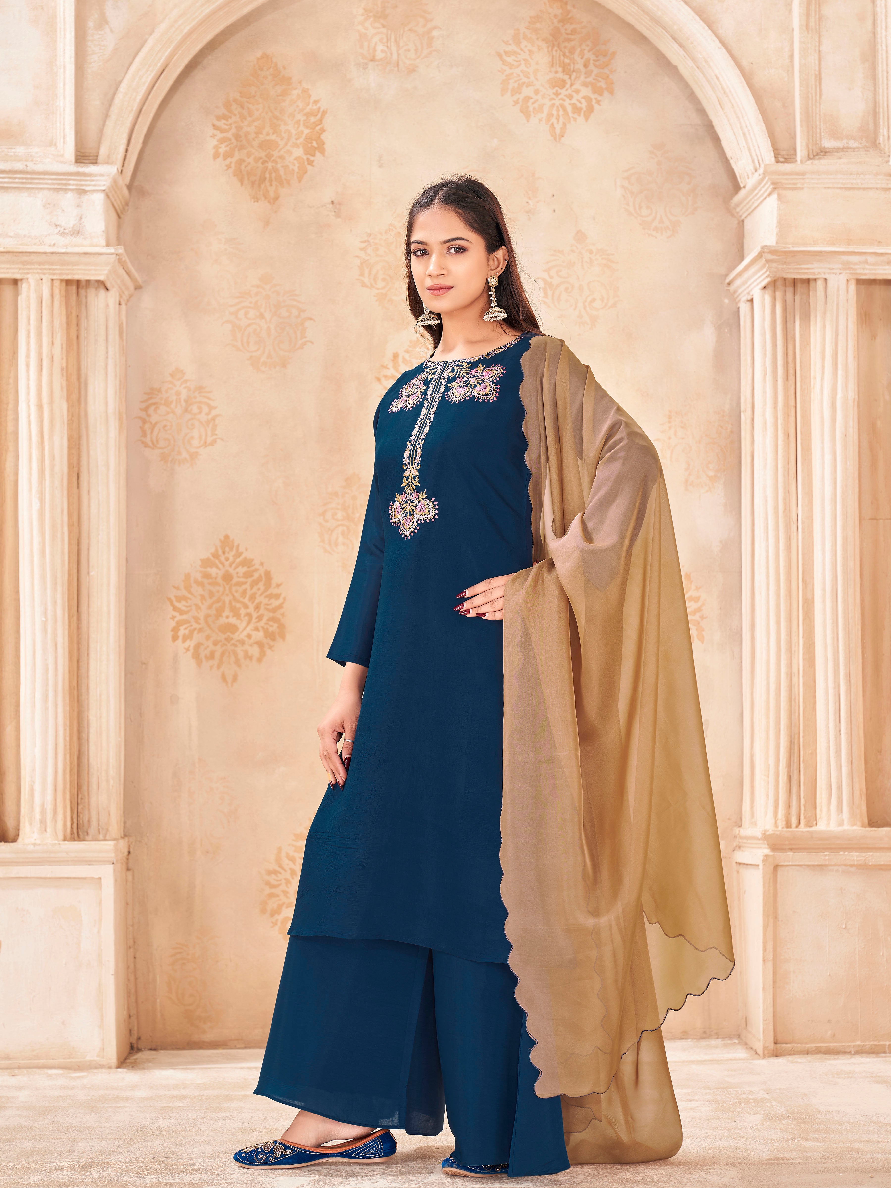 Teal color silk blend with colorful thread work embroidered kurta & A-line plazzo with dupatta set