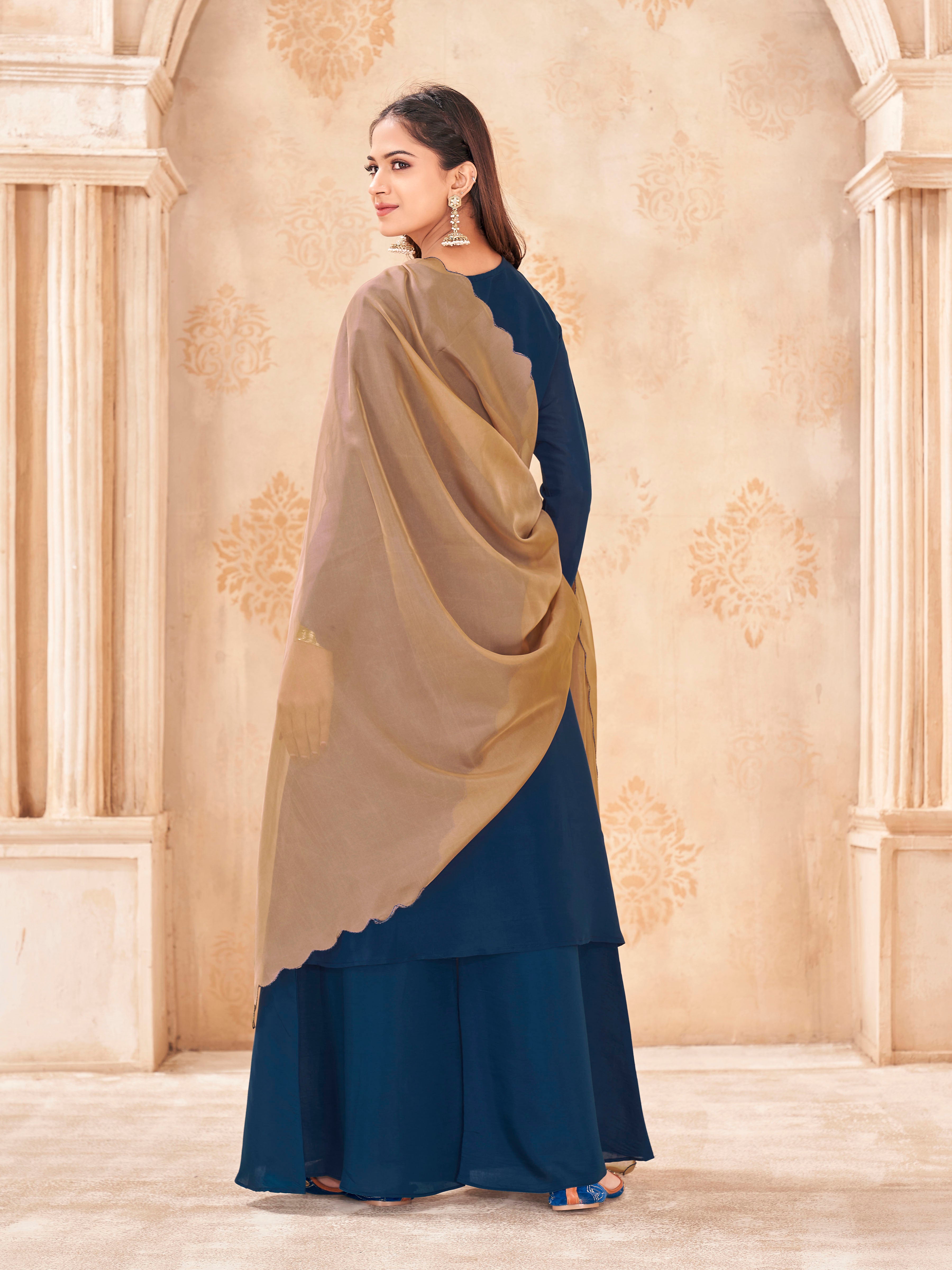 Teal color silk blend with colorful thread work embroidered kurta & A-line plazzo with dupatta set