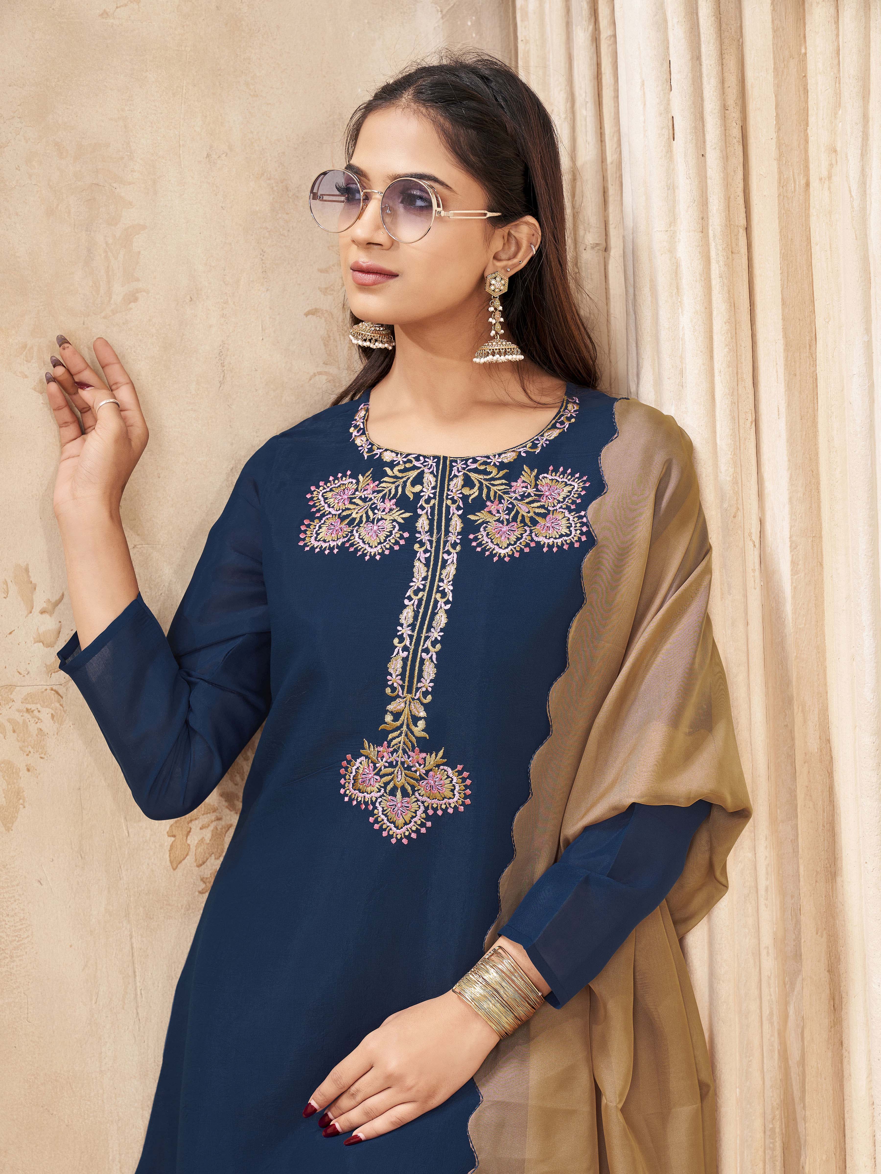 Teal color silk blend with colorful thread work embroidered kurta & A-line plazzo with dupatta set