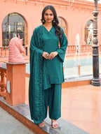 Green color Crepe thread with sequence embroidered kurta & farsi bottom with dupatta set