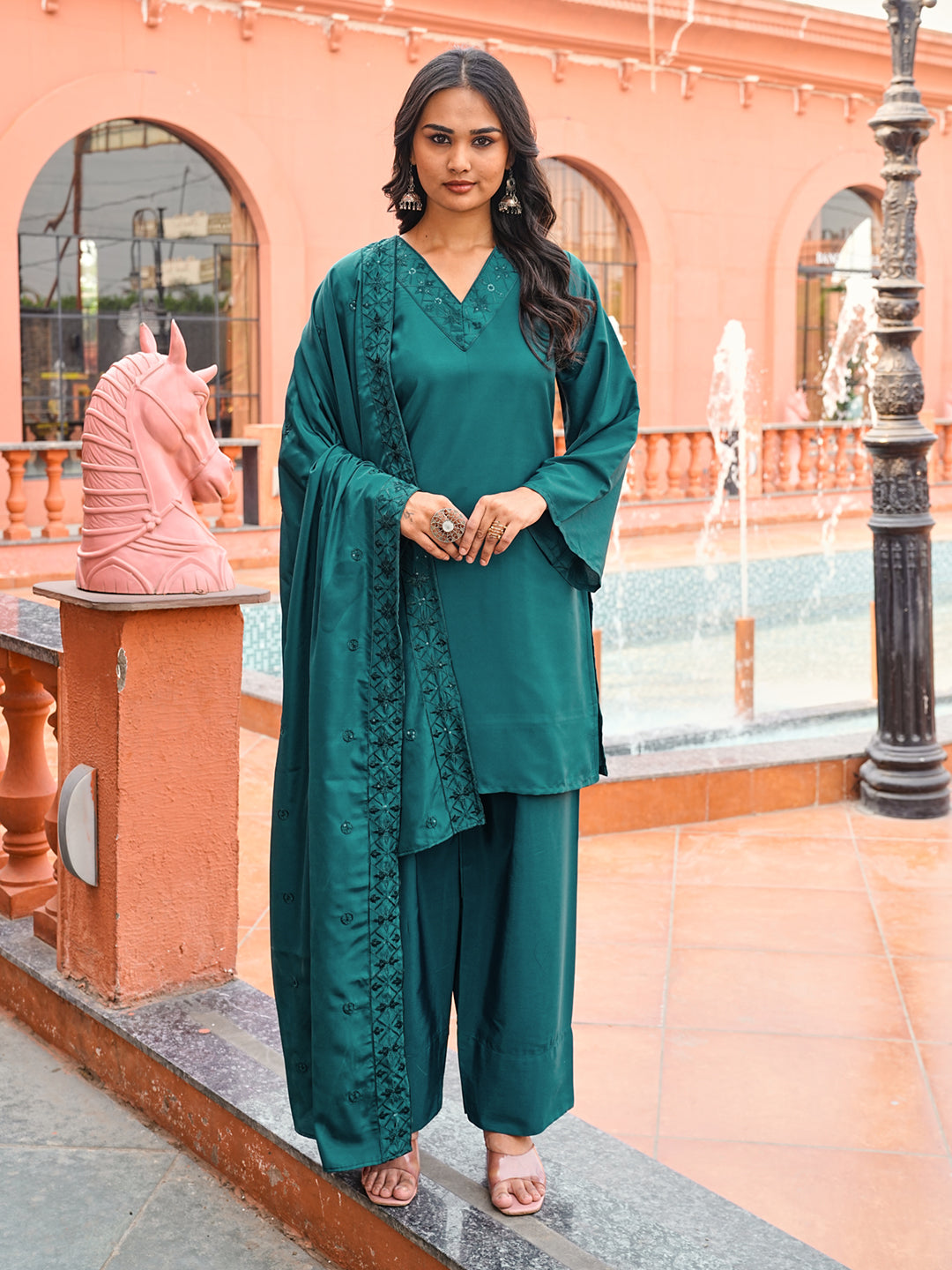 Green color Crepe thread with sequence embroidered kurta & farsi bottom with dupatta set