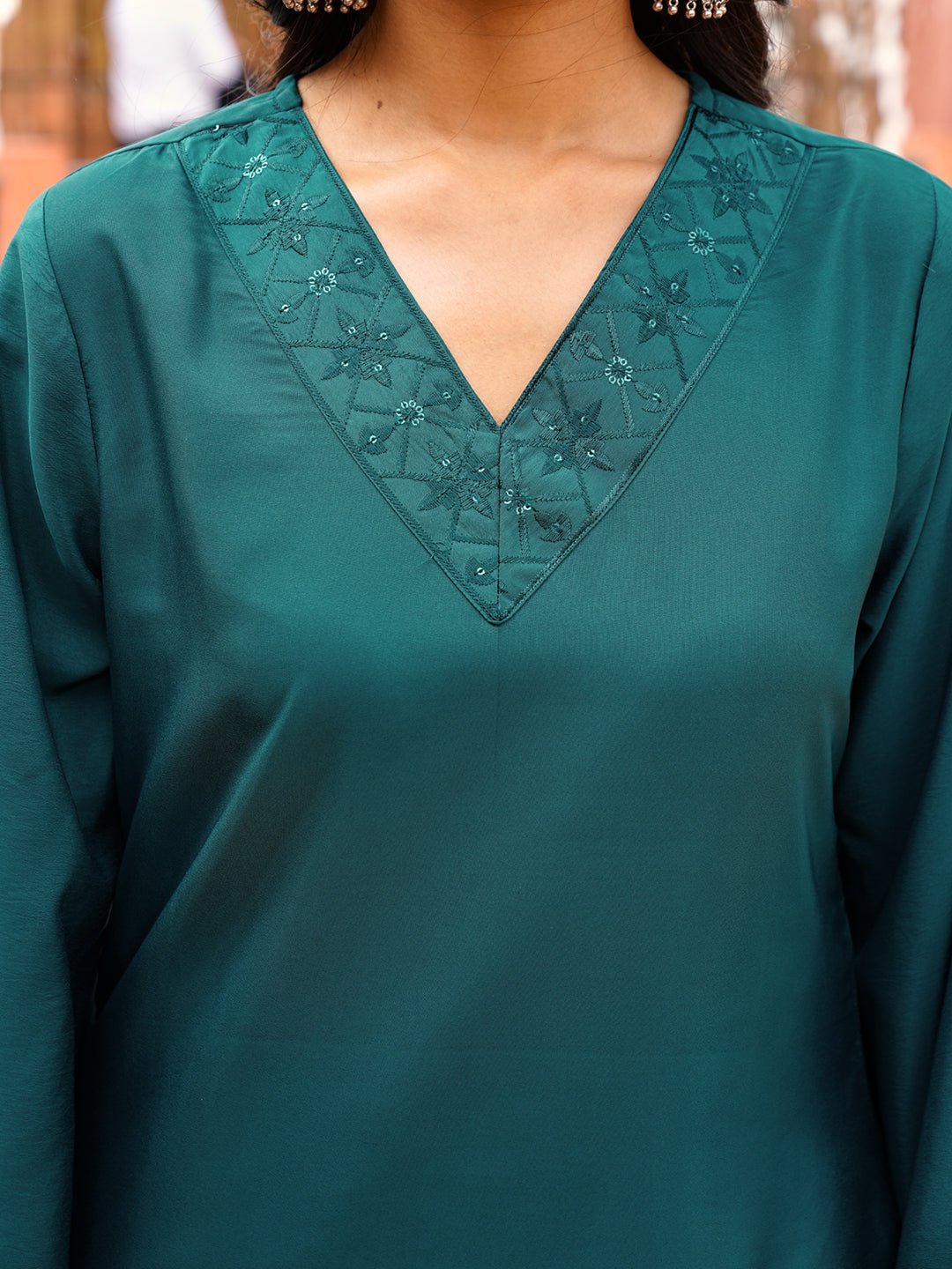 Green color Crepe thread with sequence embroidered kurta & farsi bottom with dupatta set