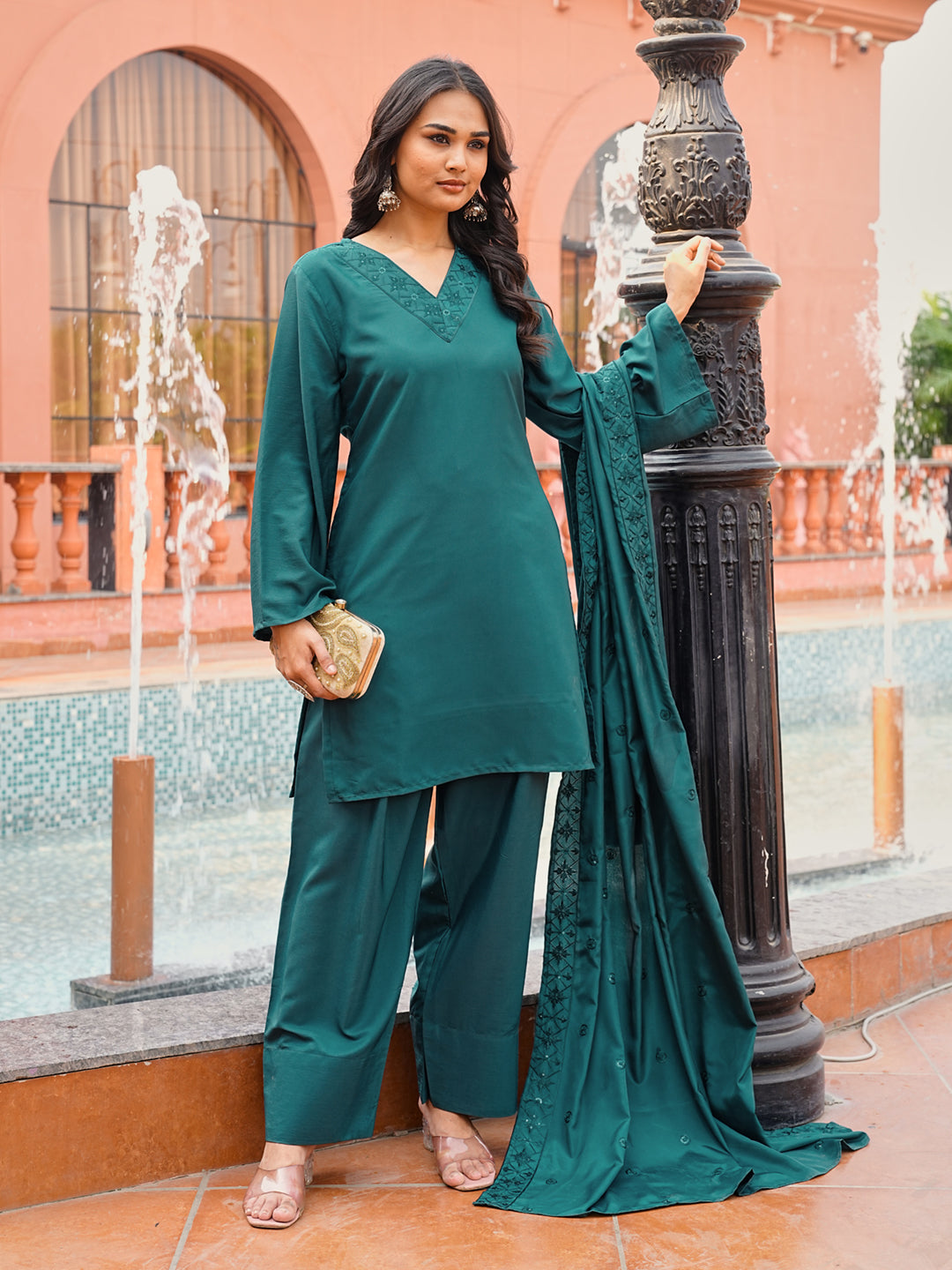Green color Crepe thread with sequence embroidered kurta & farsi bottom with dupatta set
