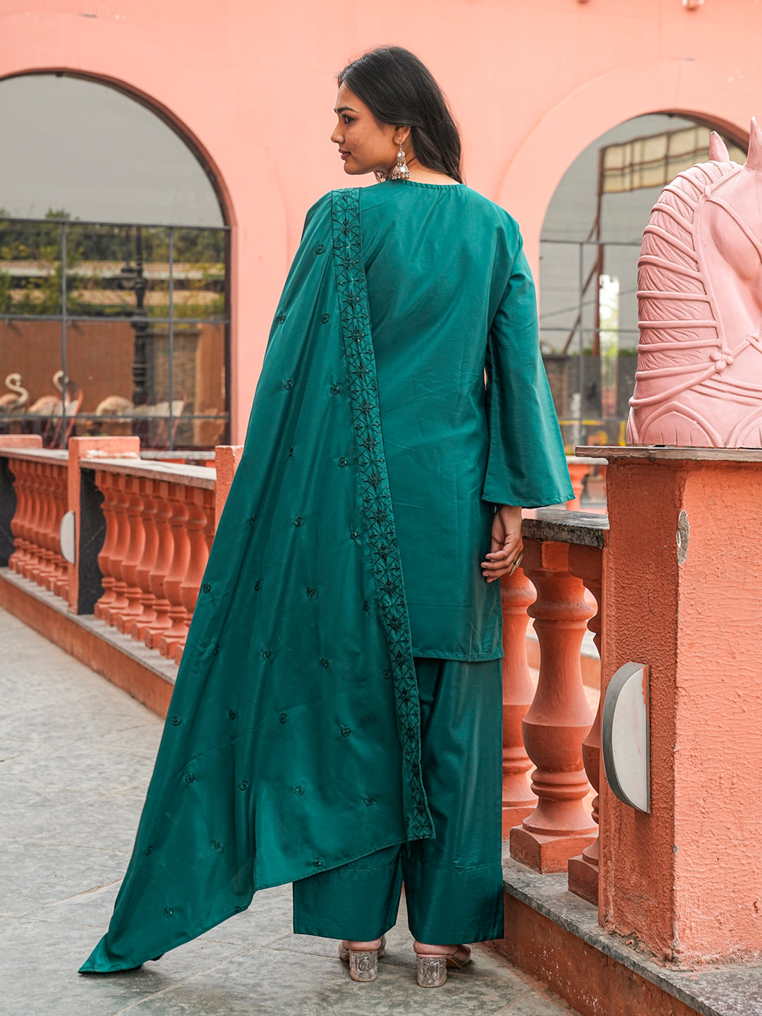 Green color Crepe thread with sequence embroidered kurta & farsi bottom with dupatta set
