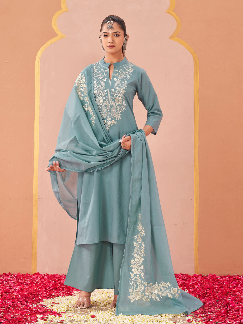 Sky blue color pure cotton thread with sequence embroidered A-line kurta & plazzo with dupatta set