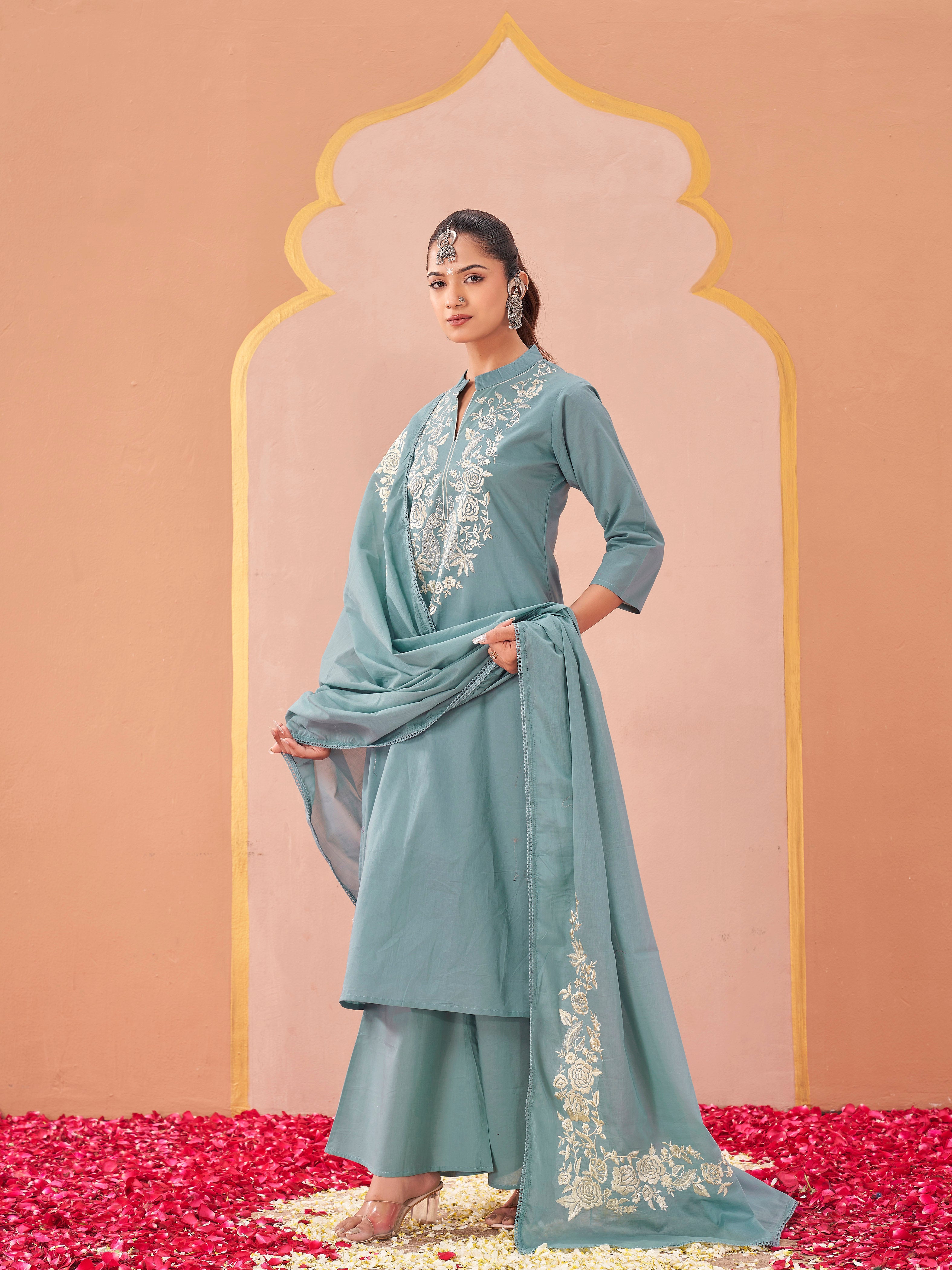 Sky blue color pure cotton thread with sequence embroidered A-line kurta & plazzo with dupatta set