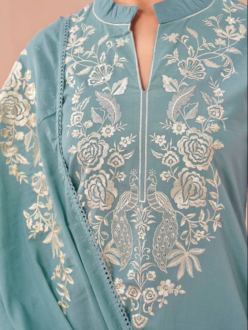 Sky blue color pure cotton thread with sequence embroidered A-line kurta & plazzo with dupatta set