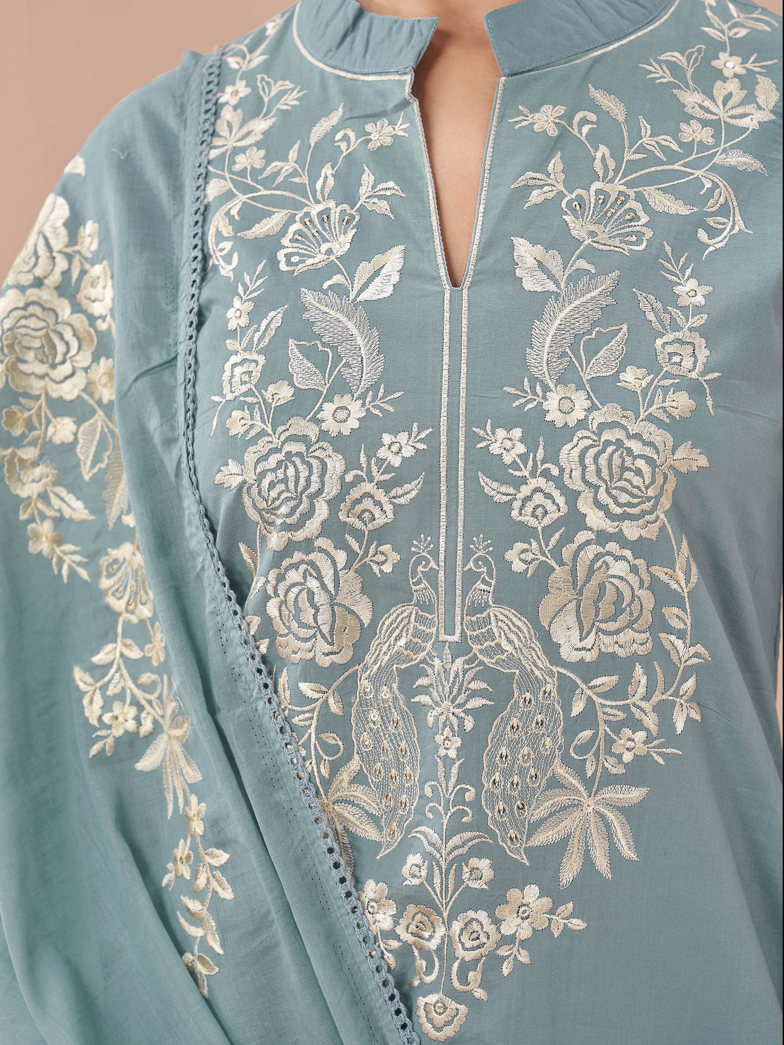 Sky blue color pure cotton thread with sequence embroidered A-line kurta & plazzo with dupatta set