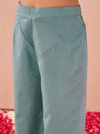 Sky blue color pure cotton thread with sequence embroidered A-line kurta & plazzo with dupatta set
