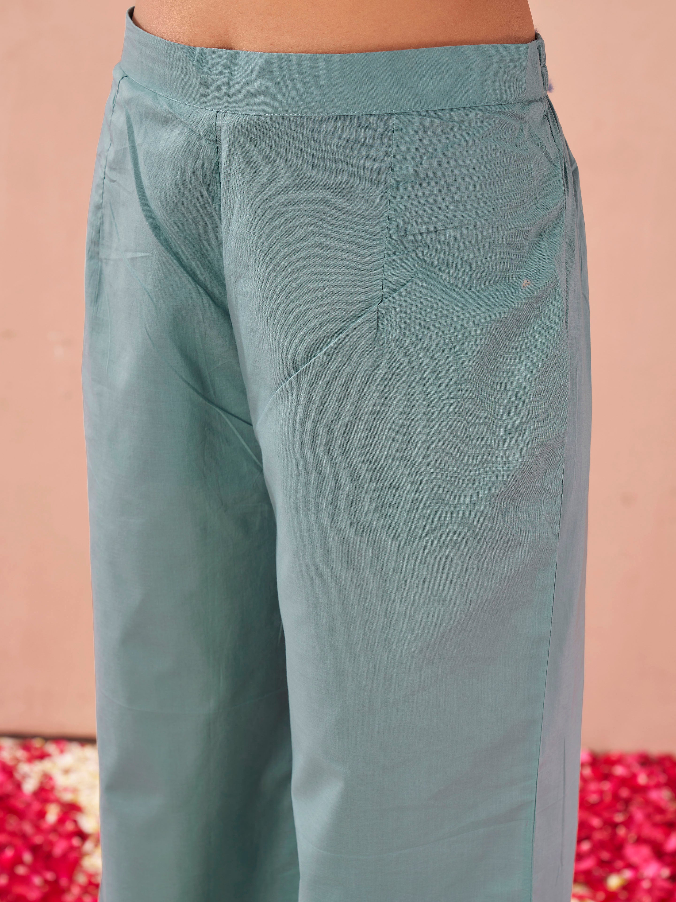 Sky blue color pure cotton thread with sequence embroidered A-line kurta & plazzo with dupatta set