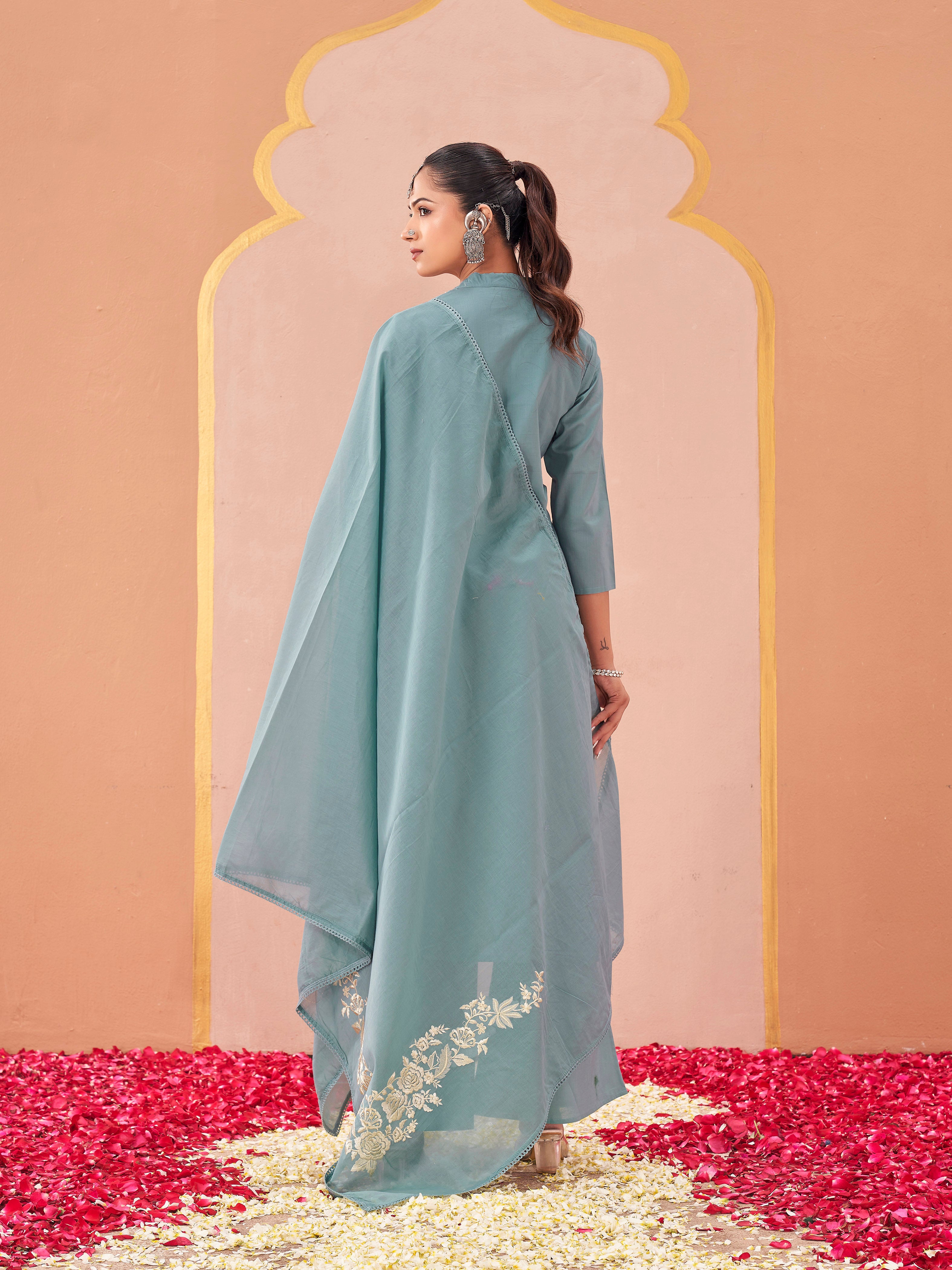 Sky blue color pure cotton thread with sequence embroidered A-line kurta & plazzo with dupatta set