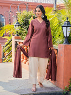 Rust color silk blend thread with sequence embroidered kurta & farshi bottom with dupatta set