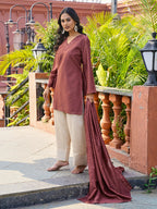 Rust color silk blend thread with sequence embroidered kurta & farshi bottom with dupatta set