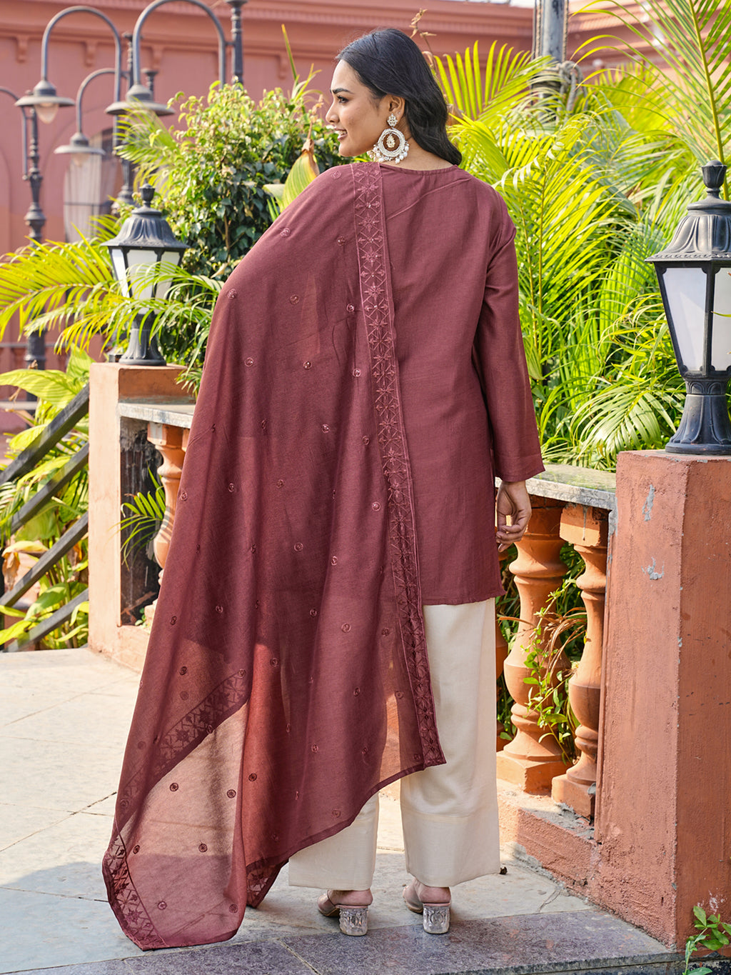 Rust color silk blend thread with sequence embroidered kurta & farshi bottom with dupatta set