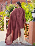Rust color silk blend thread with sequence embroidered kurta & farshi bottom with dupatta set