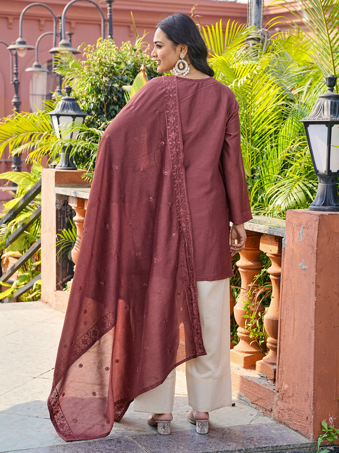 Rust color silk blend thread with sequence embroidered kurta & farshi bottom with dupatta set